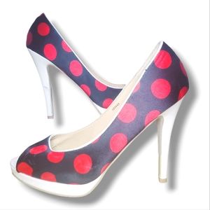 #446 Black & Red Polka Dots Pin Up Girl Style Pumps Peep Toe Heels Size 8